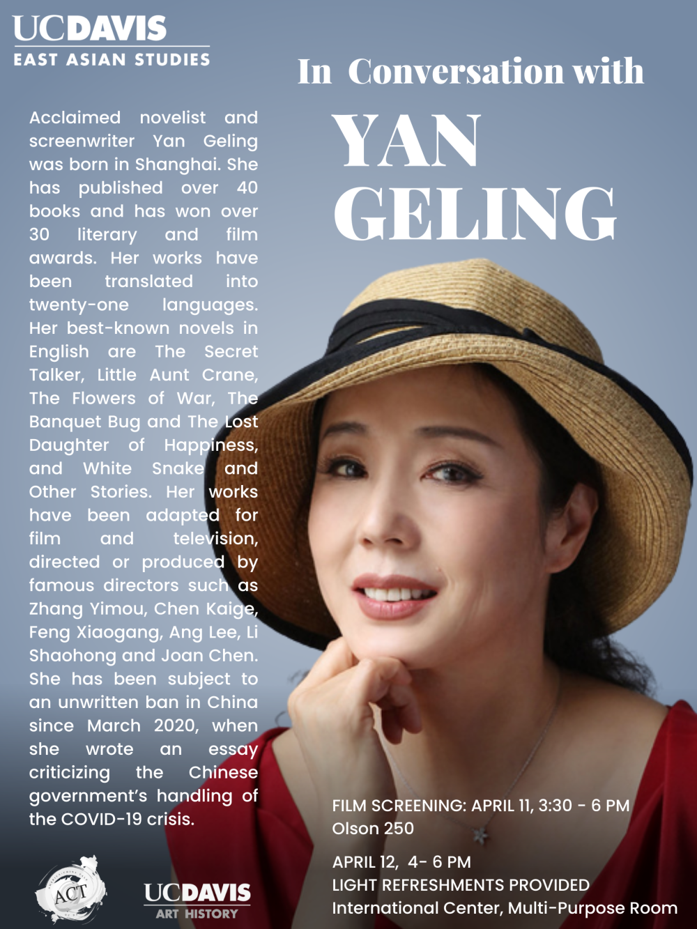 A flyer for the upcoming event, featuring a photo of Yan Geling in a red dress and straw hat