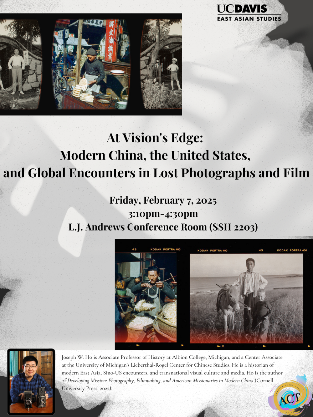 A flyer for the upcoming event. Old kodak film strips of China. An event description, which is written on this page.