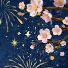 Illustration of pink cherry blossoms and gold fireworks on navy background
